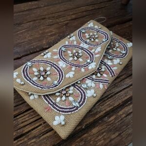 Charlie Paige Beaded Clutch in Tan